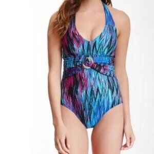 8) Spanx Miracle Shapewear Slim Sea Goddess Wavelength 1Piece Halter Swimsuit 14